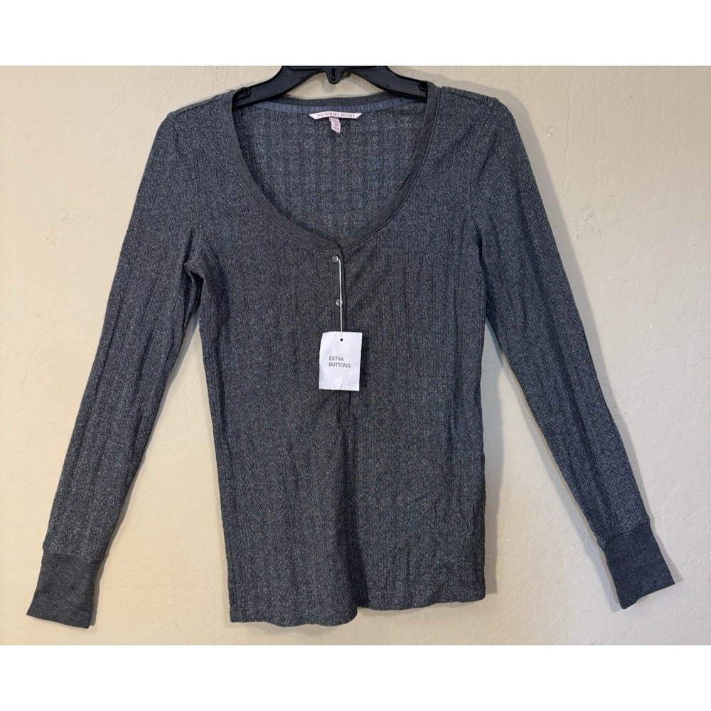 Victoria's Secret Henley Long Sleeve Top Small Gray Metallic Vintage Y2K NEW